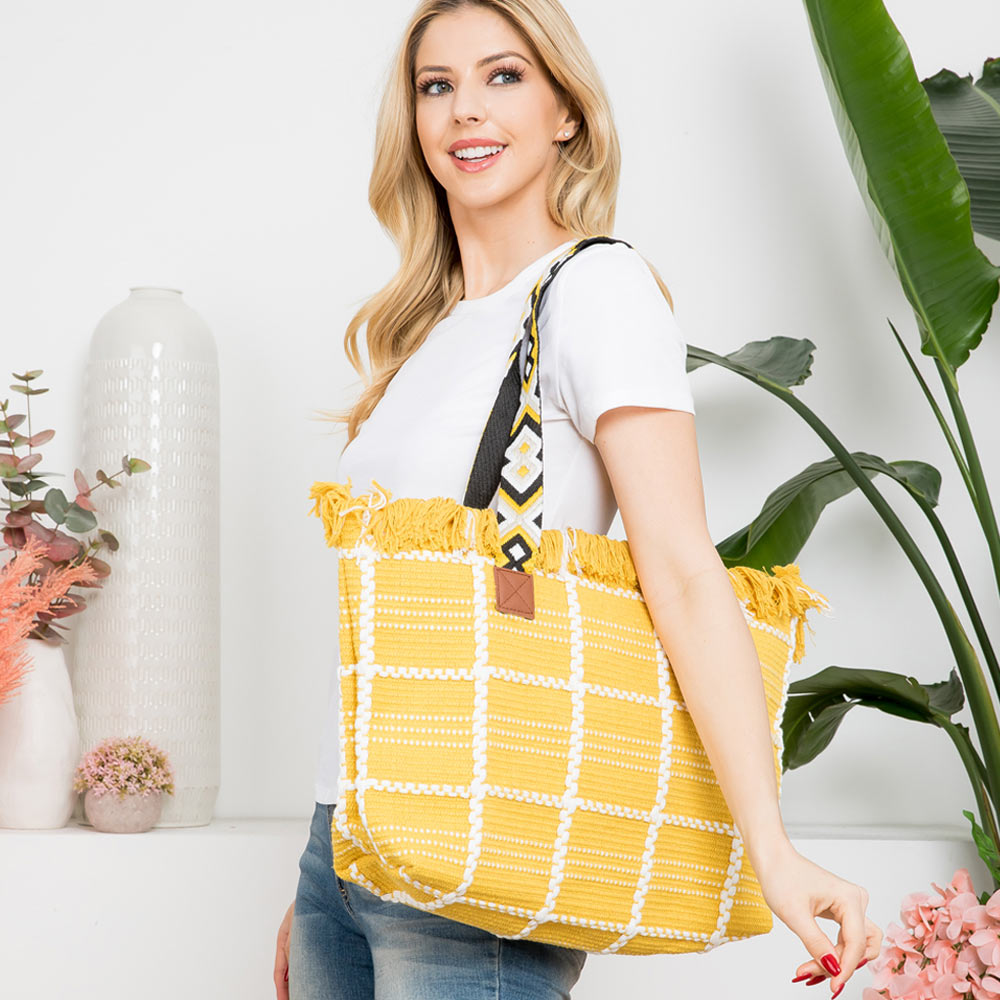Boho Check Patterned Embroidered Tote Bag