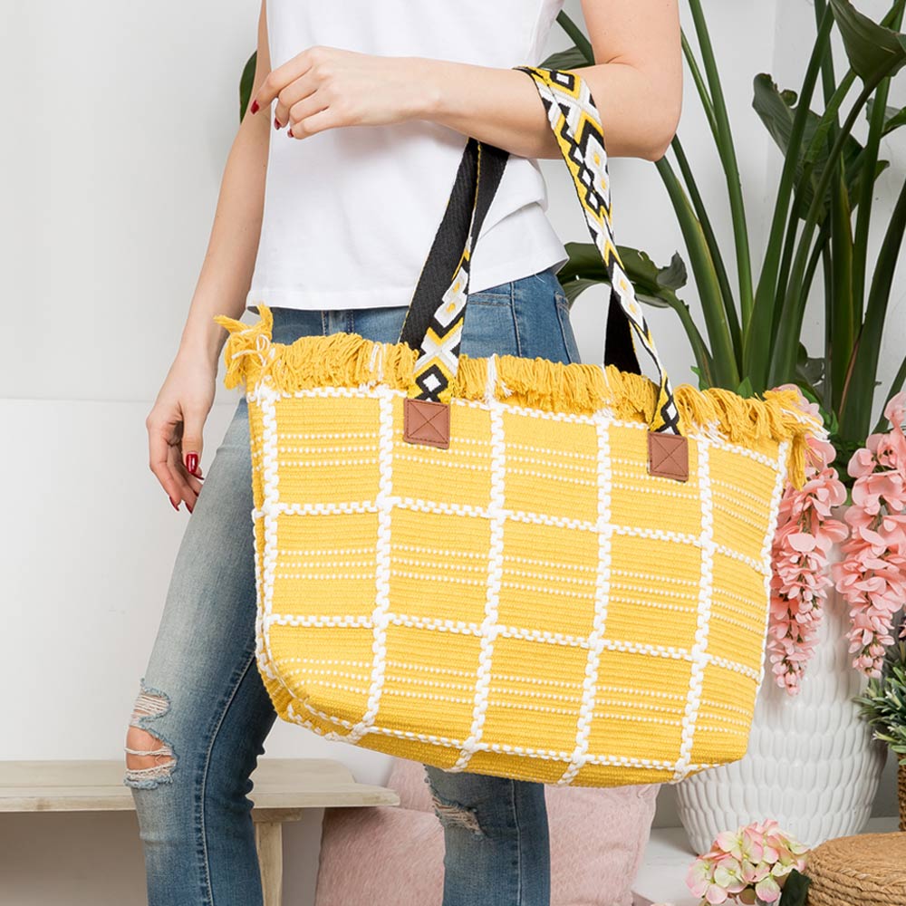 Boho Check Patterned Embroidered Tote Bag
