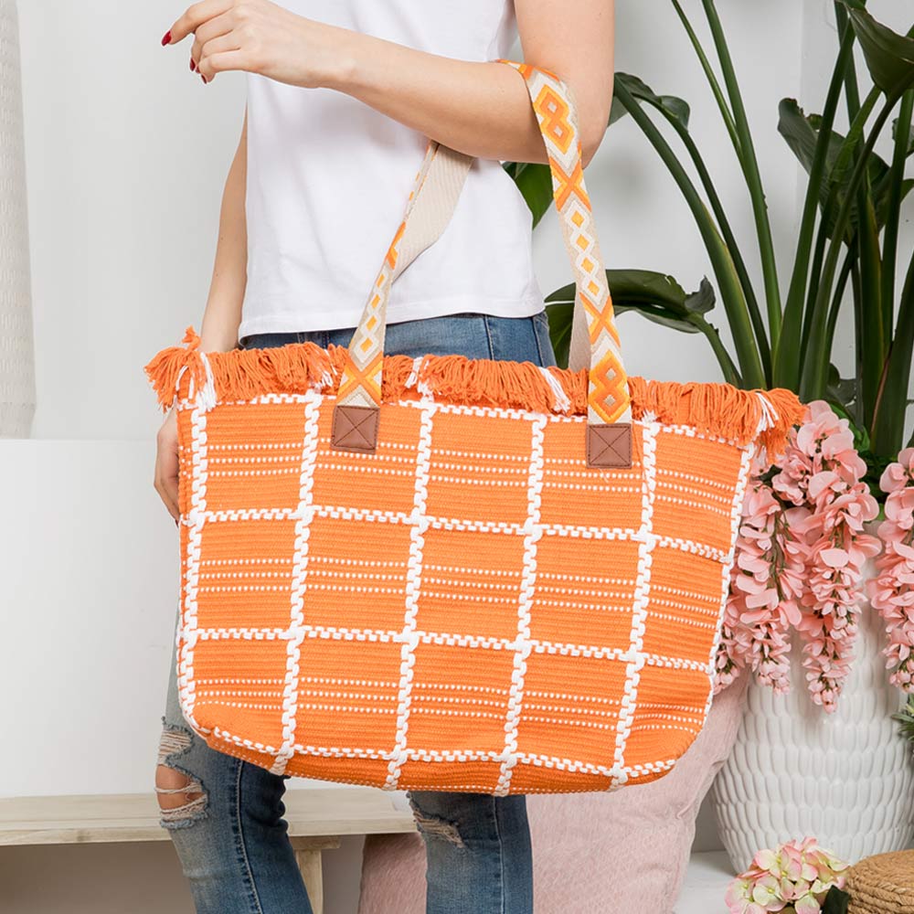 Boho Check Patterned Embroidered Tote Bag