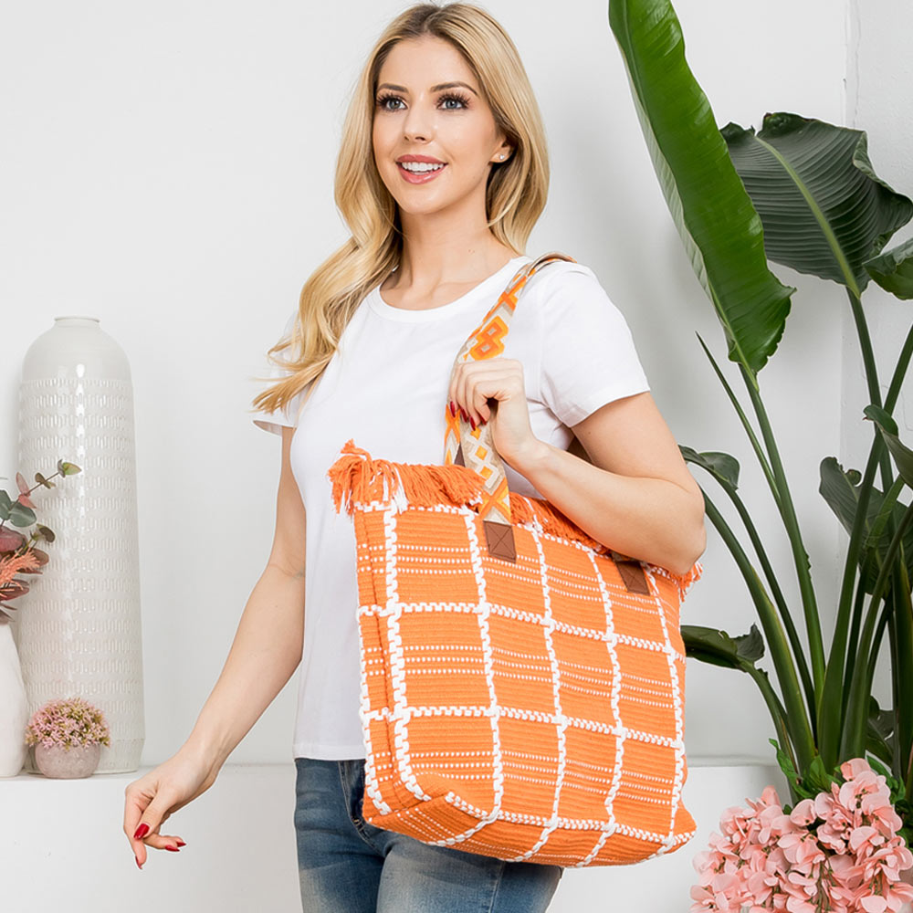 Boho Check Patterned Embroidered Tote Bag
