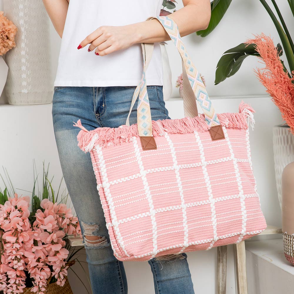 Boho Check Patterned Embroidered Tote Bag