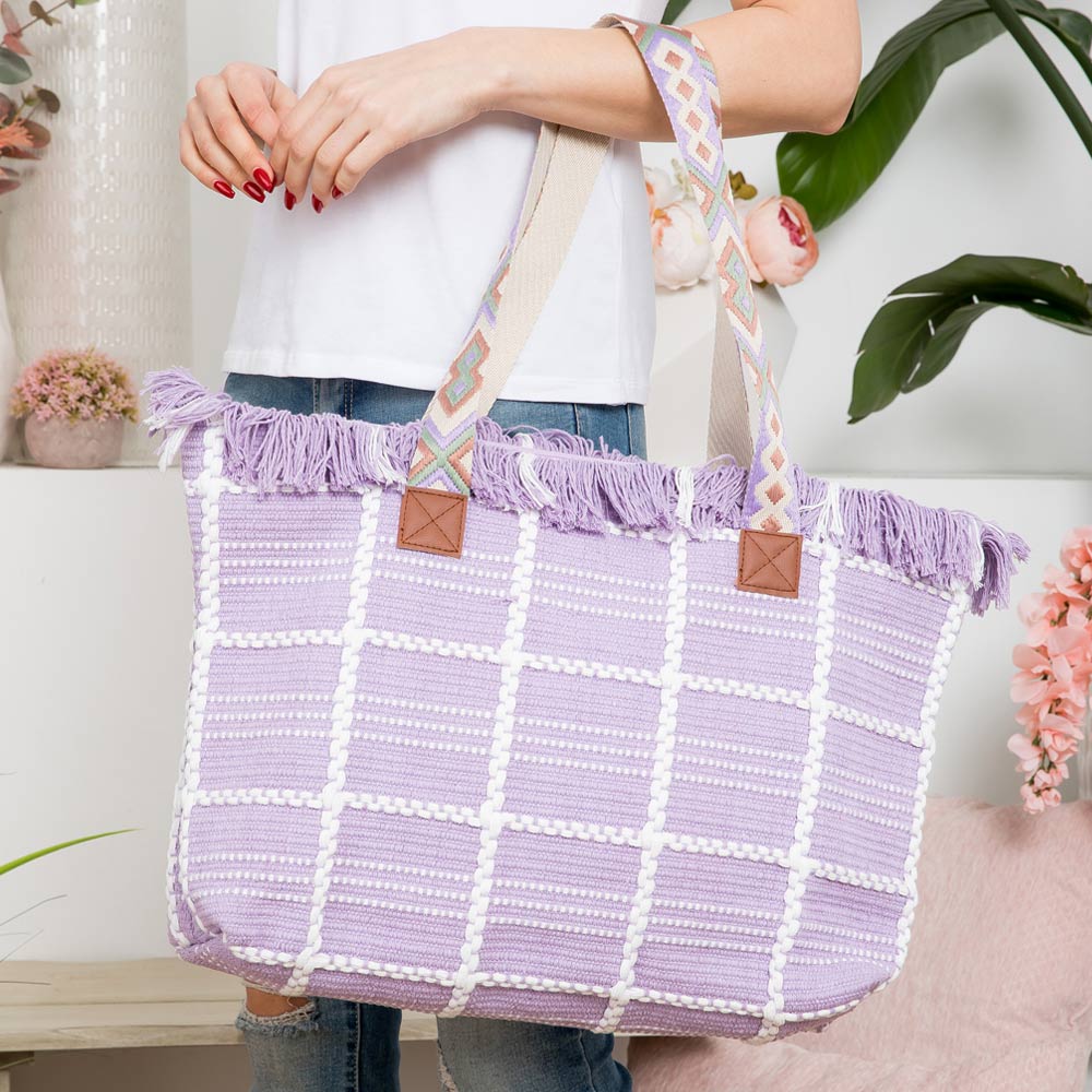 Boho Check Patterned Embroidered Tote Bag